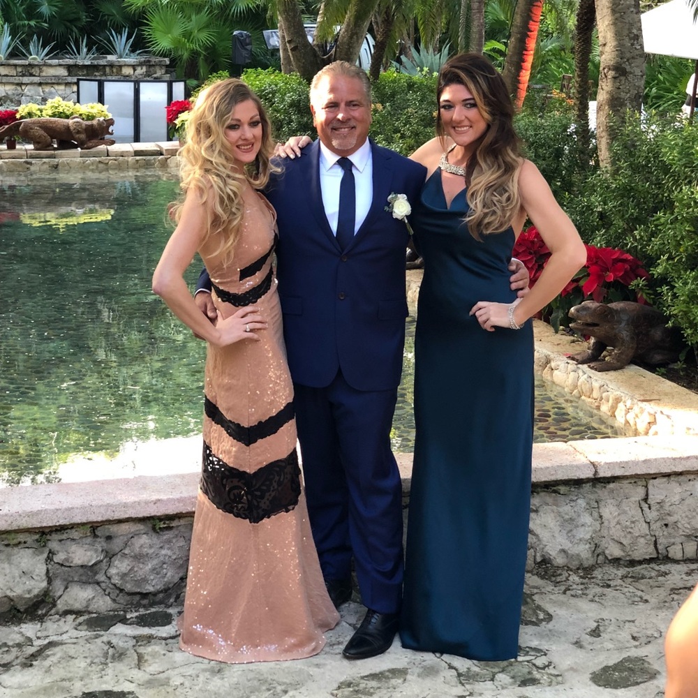 Teal satin Marciano maxi dress with diamond collar